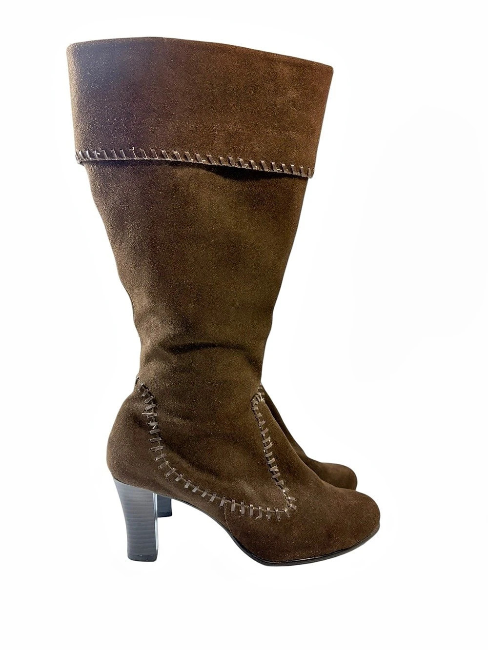 Emilyβs Closet Brown Suede Knee-High Boho Y2K Leather Heeled Boots Sz10W